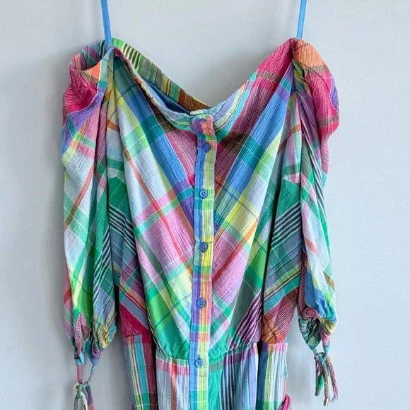 Lauren Ralph Lauren Plaid Off Shoulder Dress Multicolor Madras Plaid Dress 10 - Picture 5 of 16